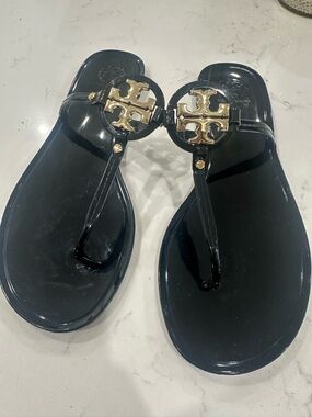 Tory Burch Mini Miller Black Jelly Thong Sandals with Gold Logo Accent